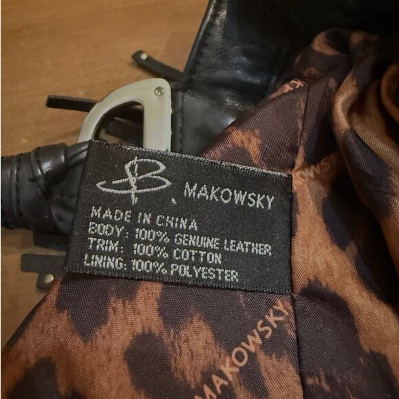 B. MAKOWSKY Black Pebbled Leather Hobo Shoulder Bag Double Handle Fringe Tassels - Picture 6 of 10